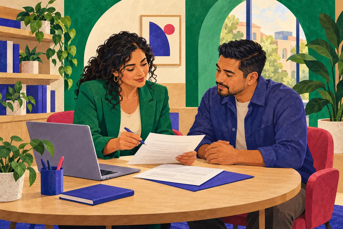 Editorial illustration of a legal professional and a client reviewing documents together.