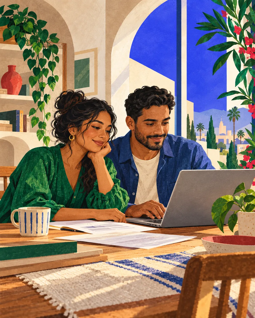 Editorial illustration of a couple working through their paperwork together at home.