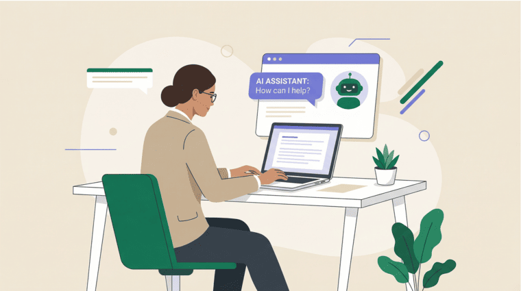 Illustration of a person at a desk using an AI assistant on their laptop to prepare documents