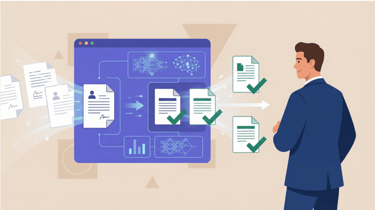 Illustration showing documents being processed through AI into clean, organized forms